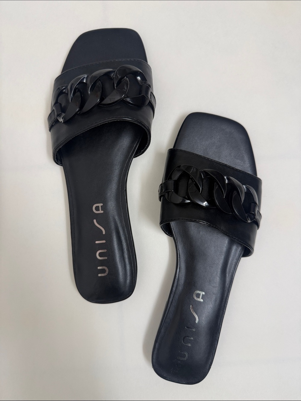 Unisa Black Slide Sandals with Glossy Chain Detail